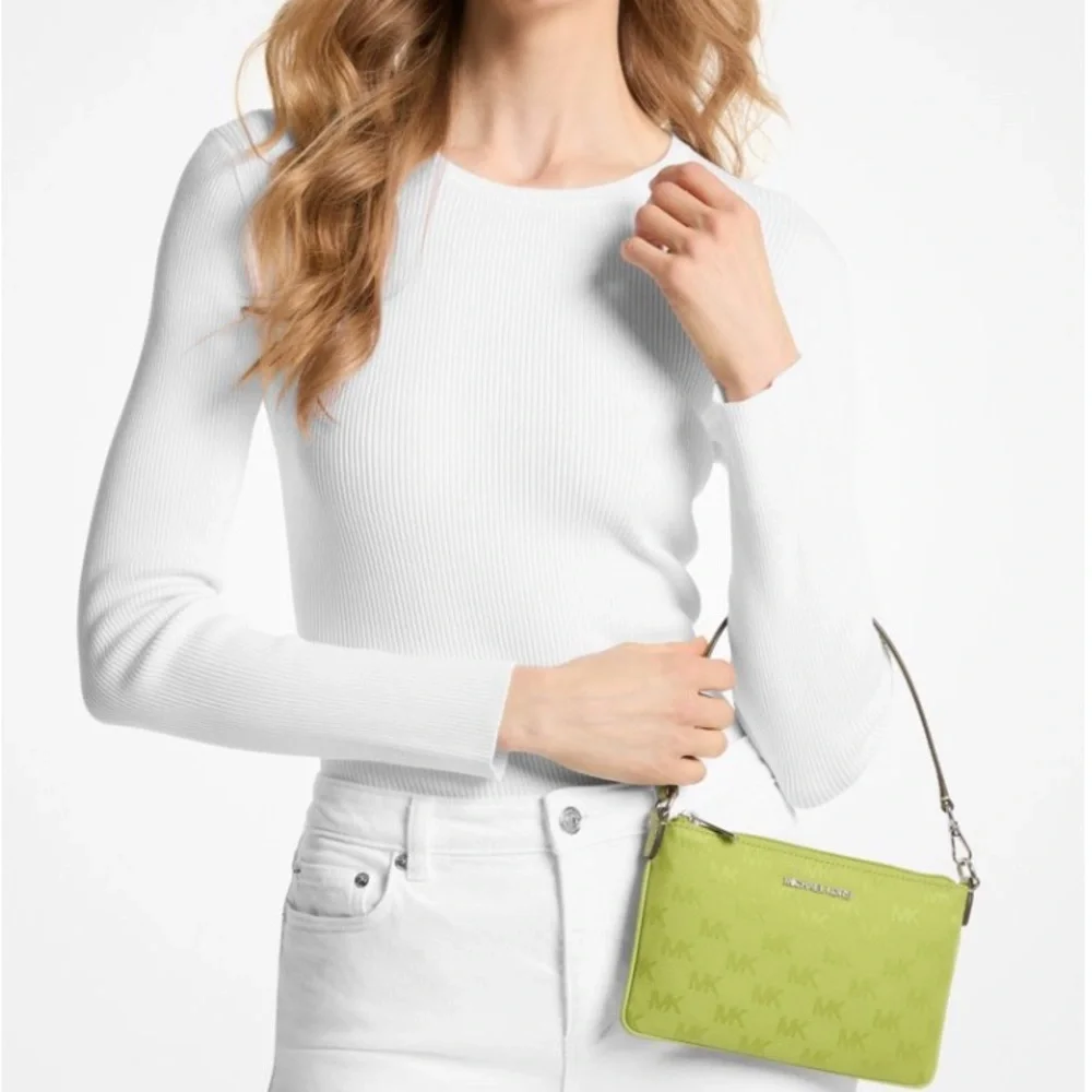 💚MICHAEL KORS💚Lime Jet Set Travel Small Woven Logo Nylon Convertible Wristlet